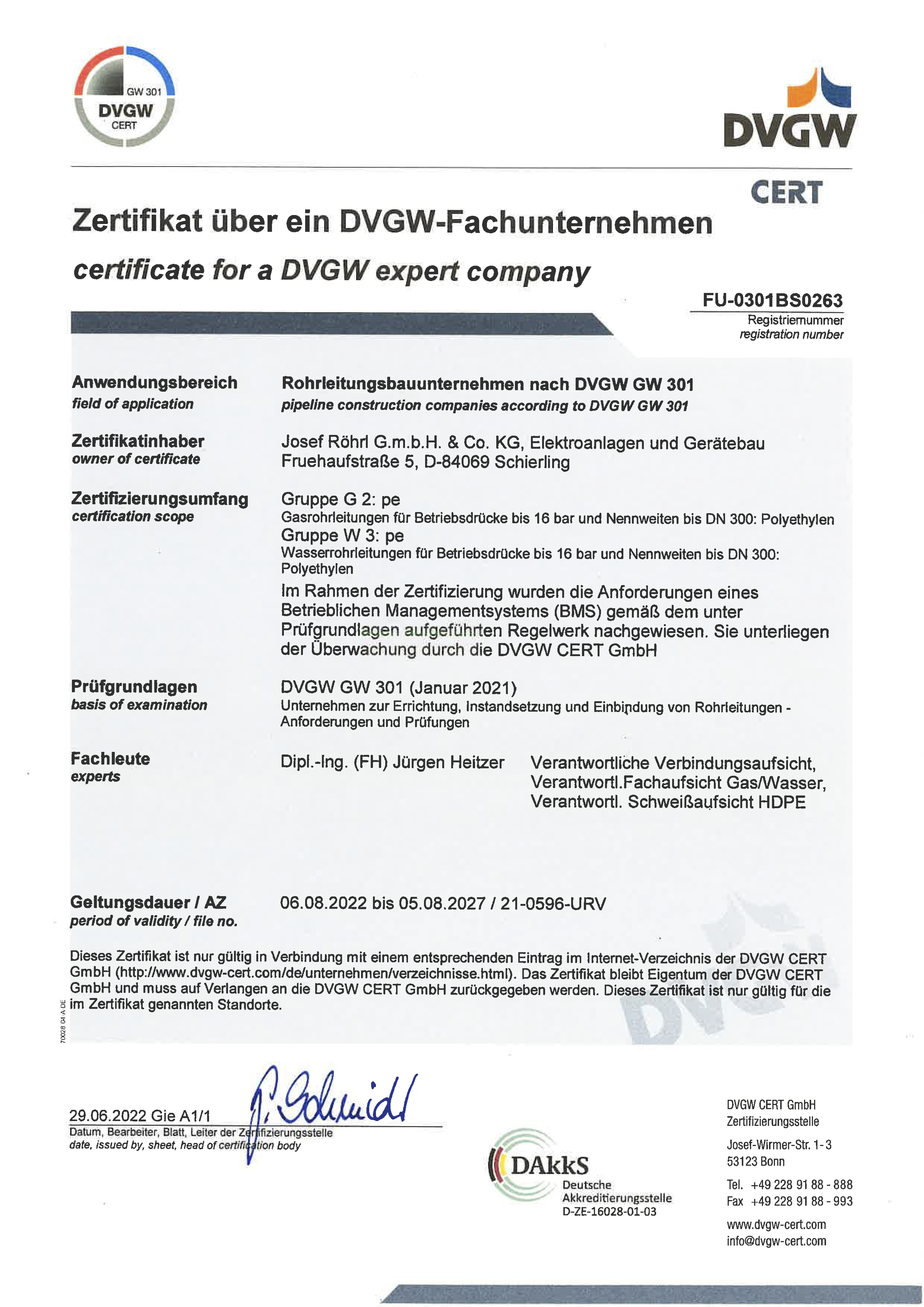 Elektrobau Röhrl - Zertifikat DVGW Fachunternehmen